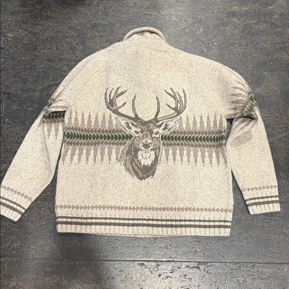 Pendleton Men's Beige Wool Zip Cardigan with Green & Brown Pattern